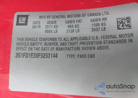 2015 Chevrolet Camaro 1Lt from USA, damaged, VIN 2G1FD1E38F9293144